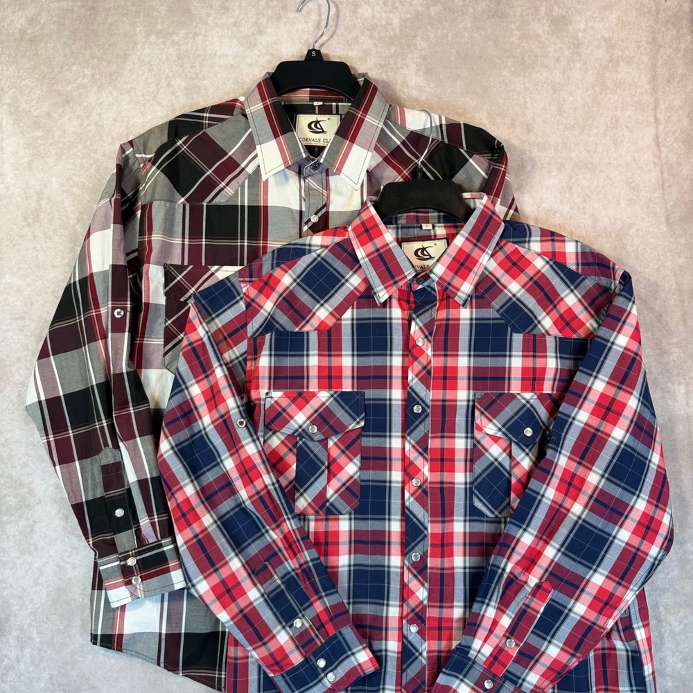 Coevals Club Western Pearl Snap Shirt Mens L Red Burgundy Plaid Cowboy Bundle
